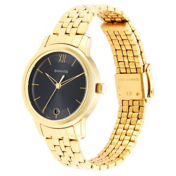Sonata Classic Gold Black Dial Metal Strap Watch for Women