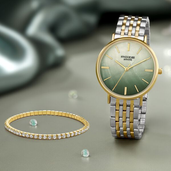 Sonata Poze Quartz Analog Green Mother Of Pearl Dial Two Toned Color Stainless Steel Strap Watch For Women - image number 0