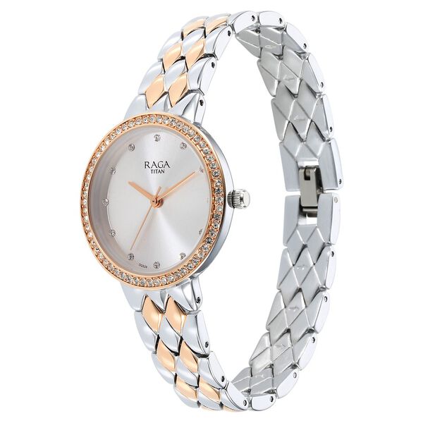Titan Raga Showstopper Quartz Analog Silver Round Dial Two Toned Metal Strap Watch For Women - image number 2