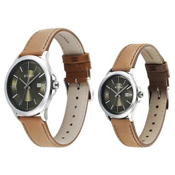 Titan Bandhan Quartz Analog with Date Green Dial Brown Leather Strap Watch For Couple