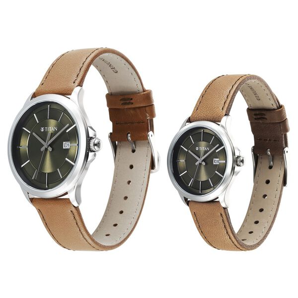 Titan Bandhan Quartz Analog with Date Green Dial Brown Leather Strap Watch For Couple - image number 2
