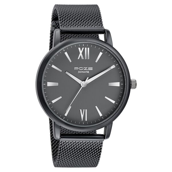 Sonata Poze Quartz Analog Grey Dial Black Mesh Strap Watch For Men - image number 2