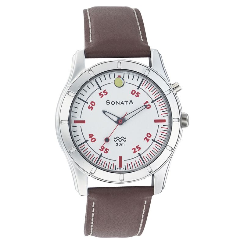 Sonata Quartz Analog White Dial Leather Strap Watch for Men