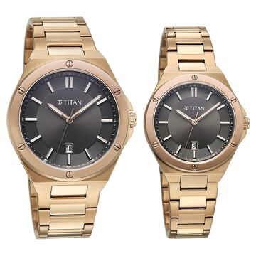 Titan Modern Bandhan Pair Analog with Black Dial Carnation Gold Stainless Steel Strap Watch for Couples