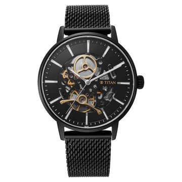 Titan Mechanical Slimline Black Dial Black Mesh Strap Watch for Men