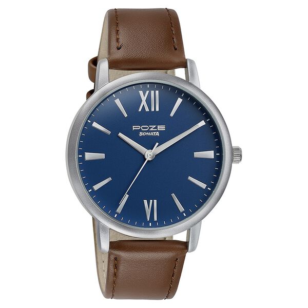 Sonata Poze Quartz Analog Blue Dial Brown Leather Strap Watch For Men - image number 2