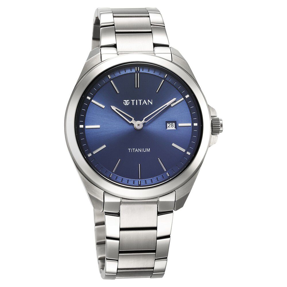 Titan Titanium Quartz Analog Blue Dial Stainless Steel Strap Watch for Men