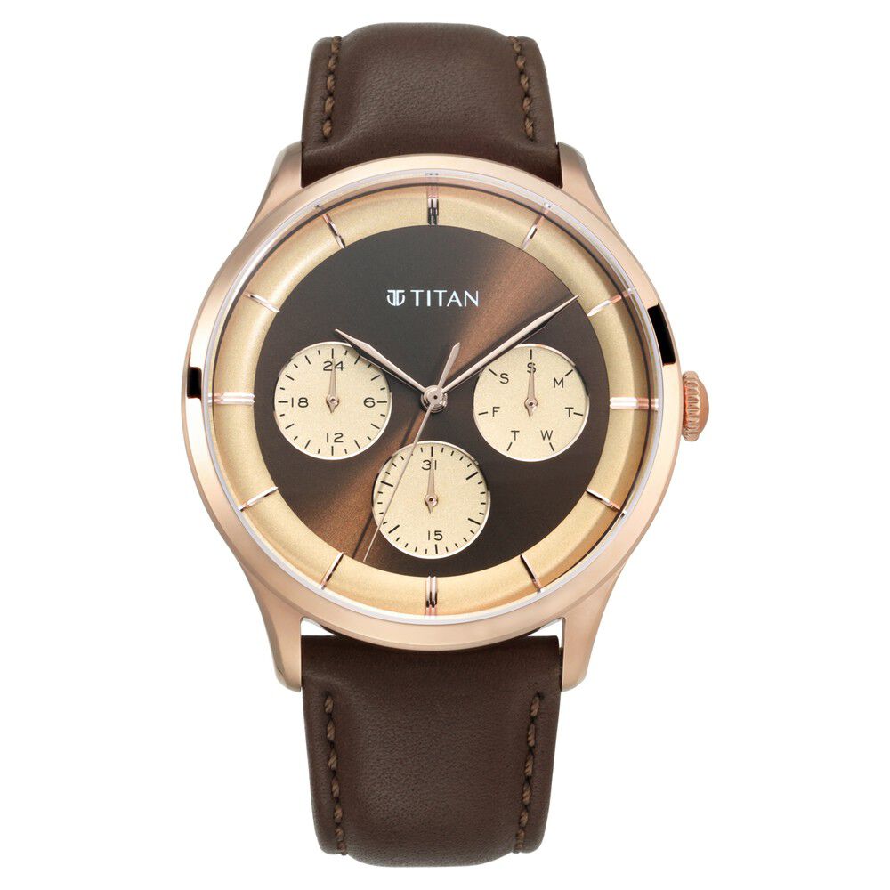 Buy Online Titan Quartz Multifunction Brown Dial Leather Strap Watch for Men ns90125wl01 Titan