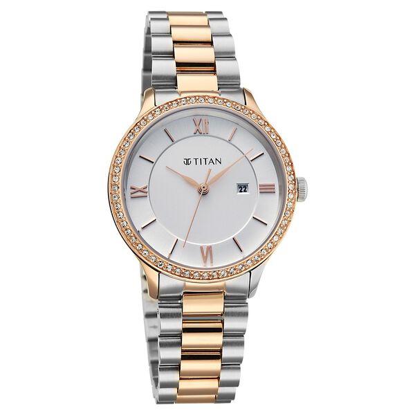 Titan Purple Prestige Quartz Analog with Date White Dial Brown Stainless Steel Strap Watch For Women - image number 1