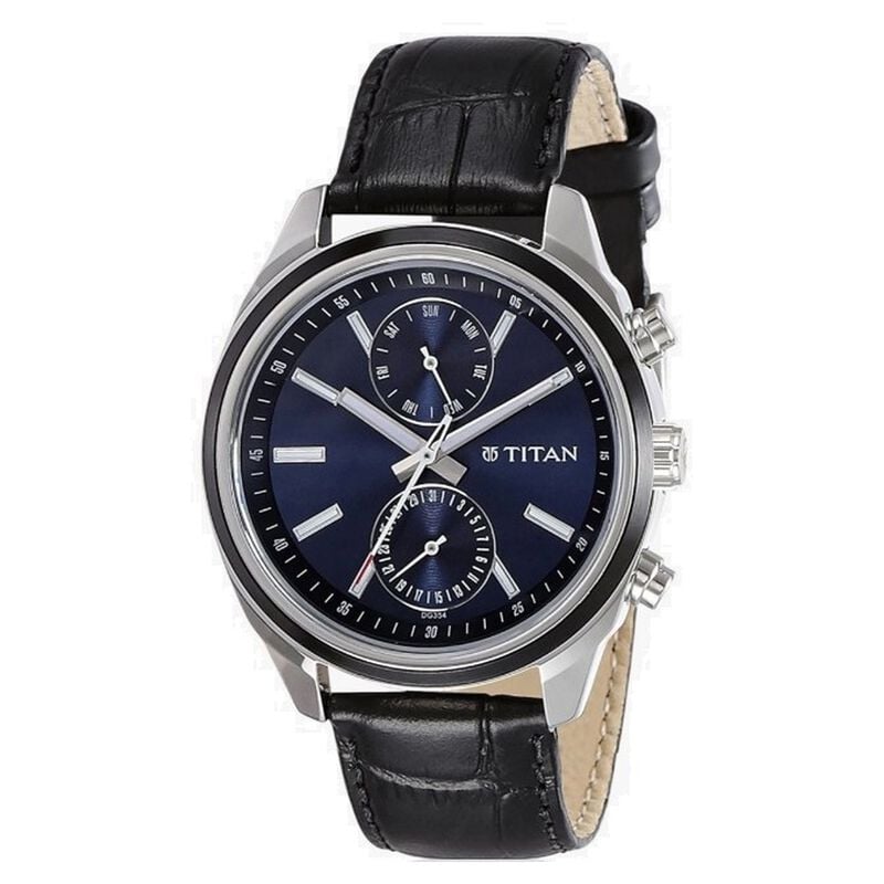 Titan Men's Midnight Precision: Multifunction Blue Dial with Classic Leather Strap Watch