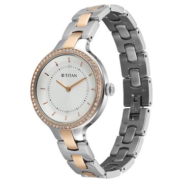 Titan Purple Glamour Quartz Analog White Dial Two Toned Stainless Steel Strap Watch For Women