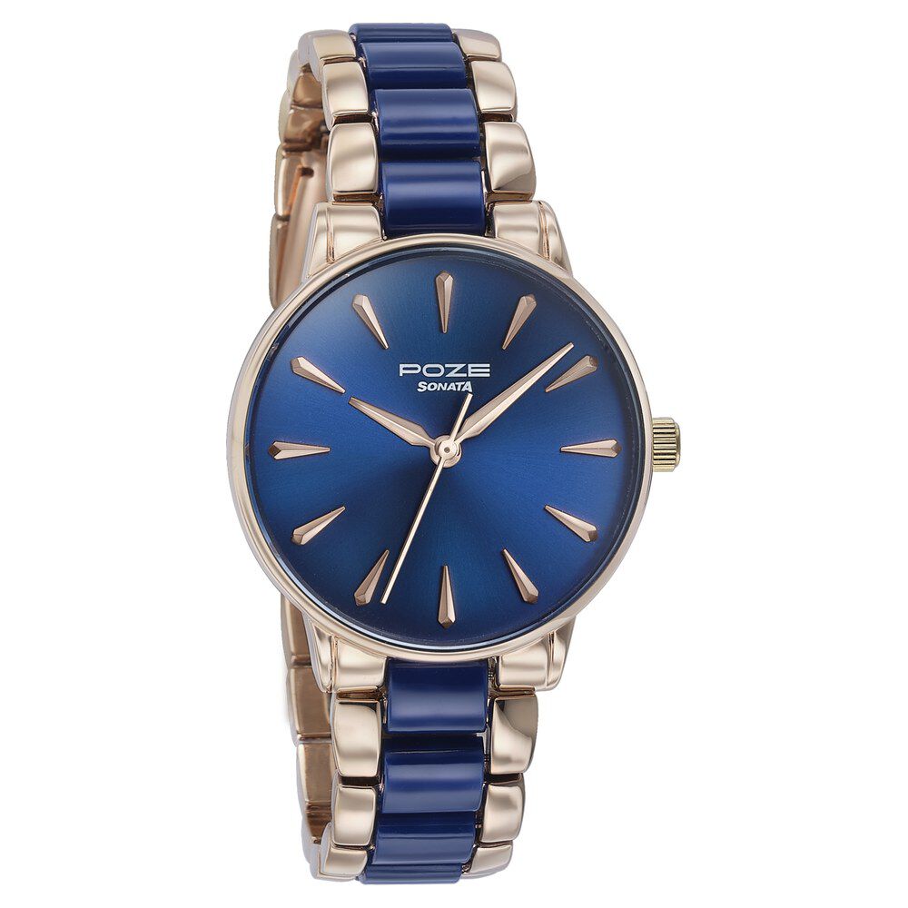 Buy Online Sonata Poze Quartz Analog Blue Dial Two Toned Color Metal With Crystal Strap Watch For Women sp80076kd01wf Titan