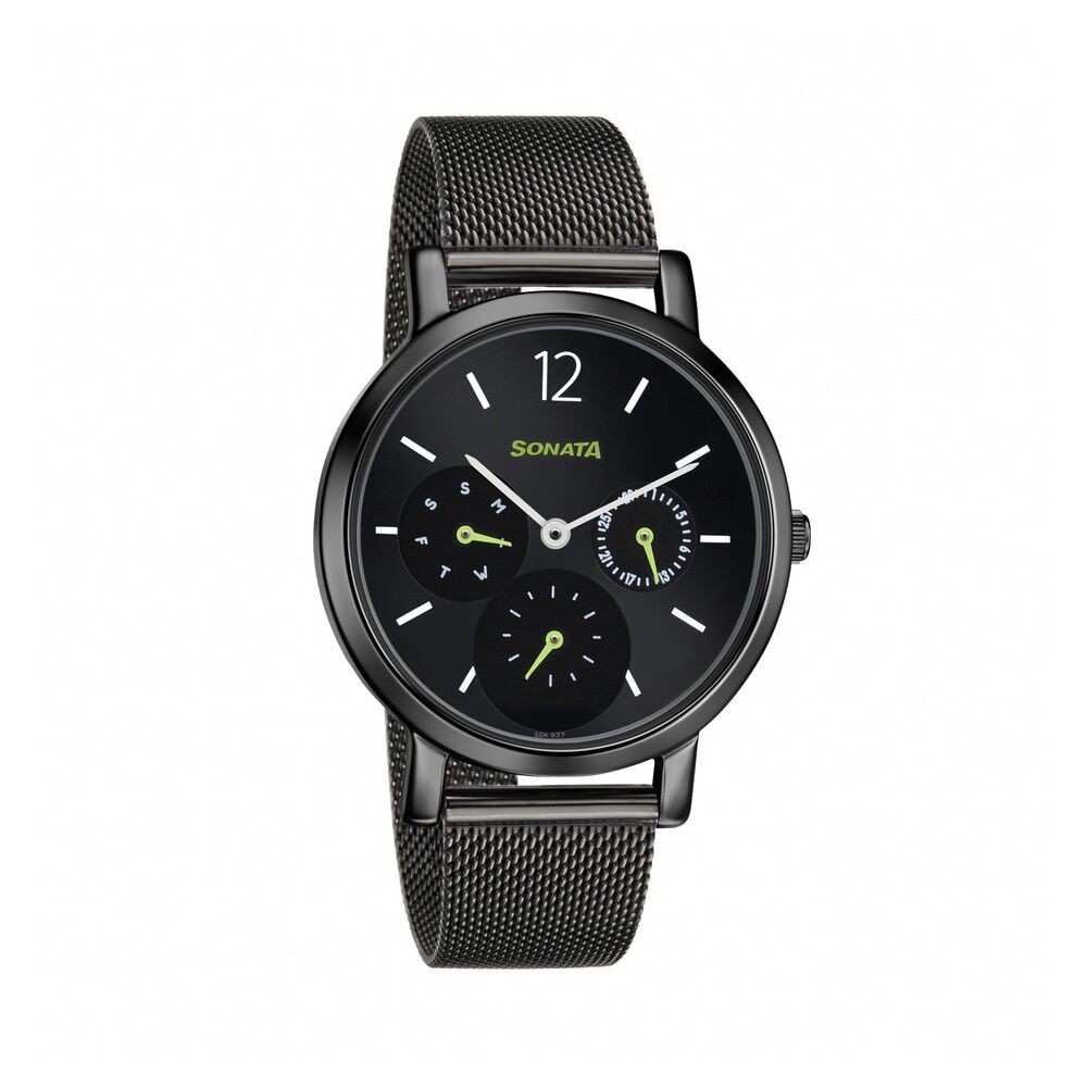 Buy Online Sonata Multifunctions Black Dial Women Watch With Metal Strap ns8164nm03 Titan