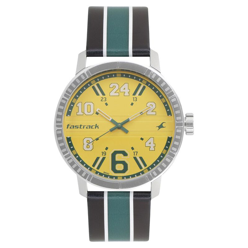 Fastrack Varsity Quartz Analog Yellow Dial Leather Strap Watch for Guys