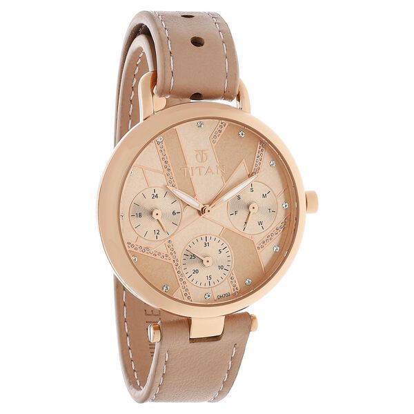Titan Quartz Multifunction Rose Gold Dial Leather Strap Watch for Women - image number 1