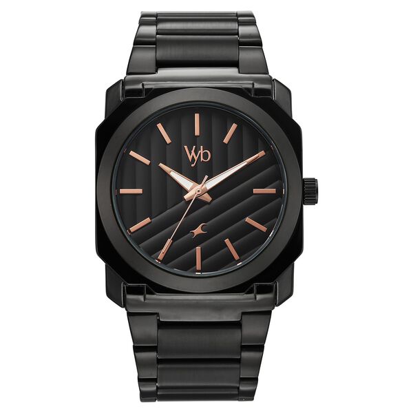 Vyb Challenger By Fastrack Quartz Analog Black Dial Black Stainless Steel Strap Watch For Guys - image number 0