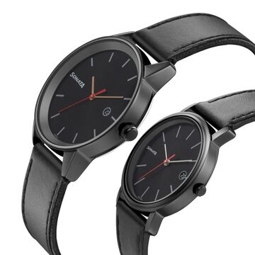 Sonata Quartz Analog with Date Black Dial Leather Strap Watch for Couple