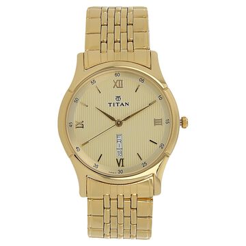 Titan Metal Champagne Dial Analog with Day and Date Stainless Steel Strap watch for Men