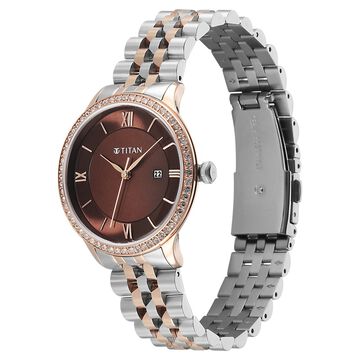 Titan Purple Prestige Quartz Analog with Date Brown Dial Brown Stainless Steel Strap Watch For Women