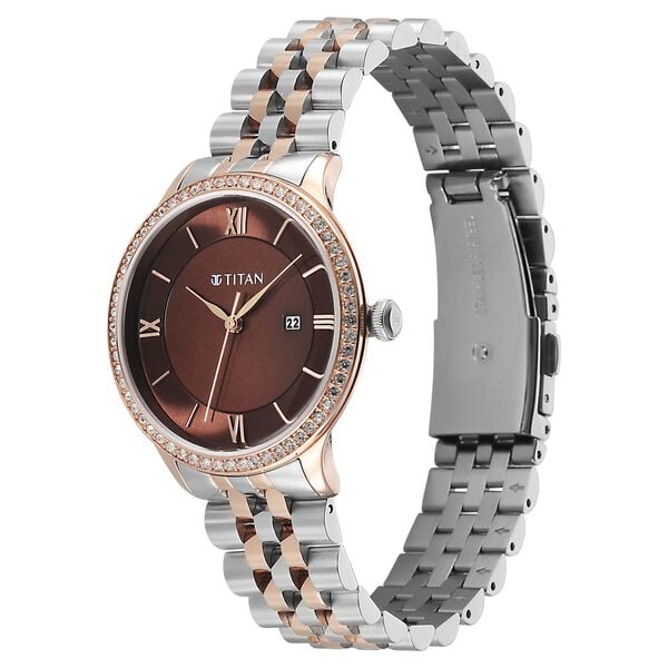Titan Purple Prestige Quartz Analog with Date Brown Dial Brown Stainless Steel Strap Watch For Women - image number 2