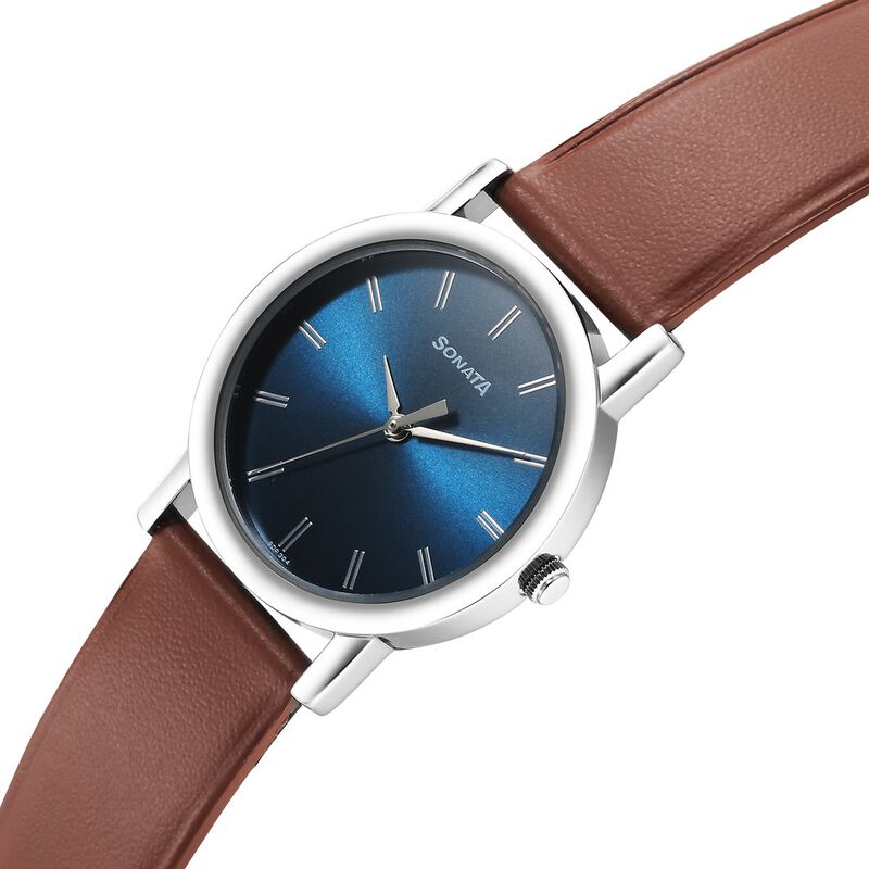 Buy Online Sonata Classic Quartz Analog Blue Dial Brown Leather Strap ...