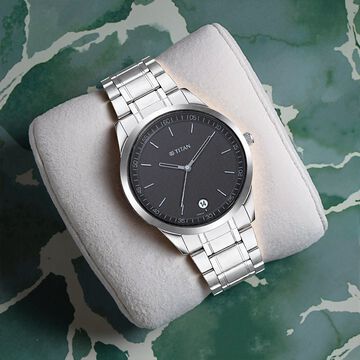 Titan Minimals Quartz Analog with Date Black Dial Silver Metal Strap Watch For Men