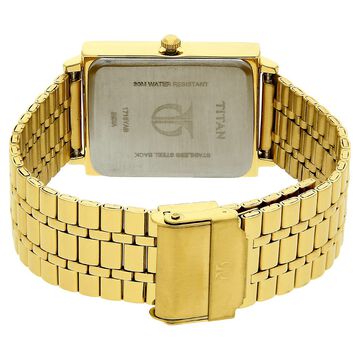 Titan Quartz Analog with Date Champagne Dial Golden Stainless Steel Strap Rectangular Shaped Watch For Men