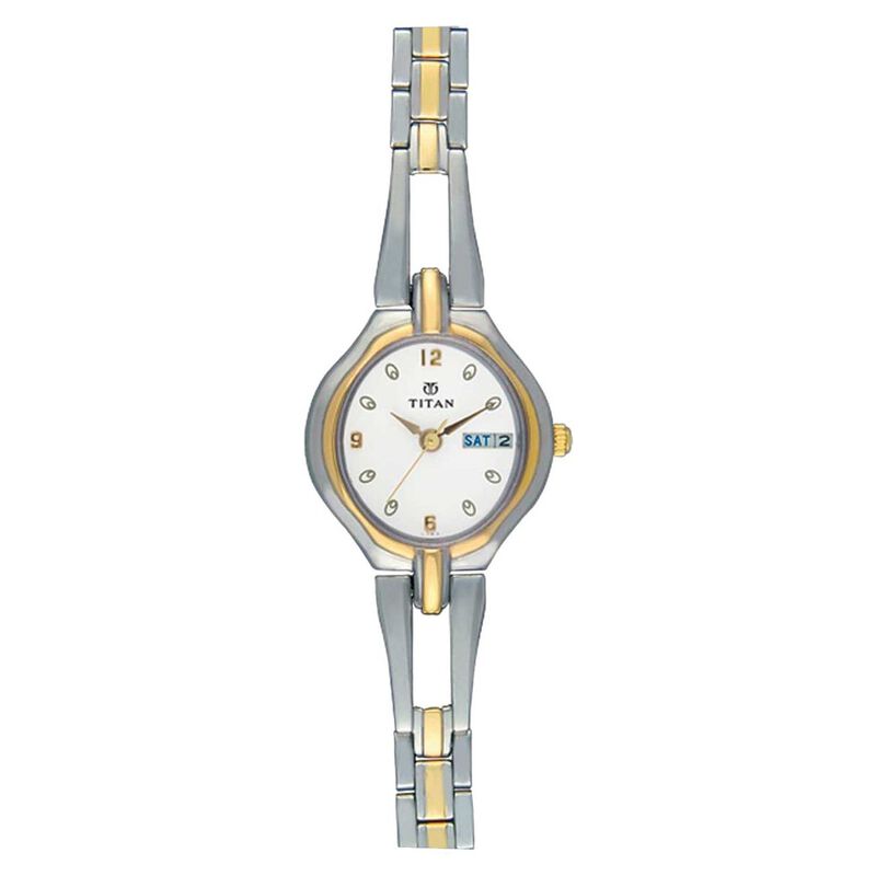 Titan Karishma White Dial Analog with Day and Date Metal Strap Watch for Women
