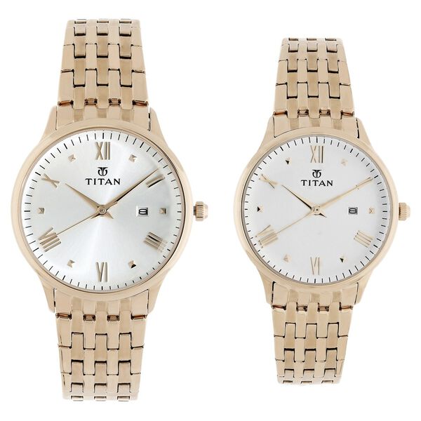 Titan Bandhan Rose Gold Dial Analog with Date Stainless Steel Strap watch for Couple - image number 0