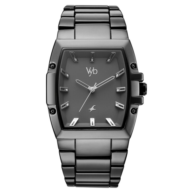 Vyb Challenger By Fastrack Quartz Analog Grey Dial Grey Metal Strap Watch For Guys