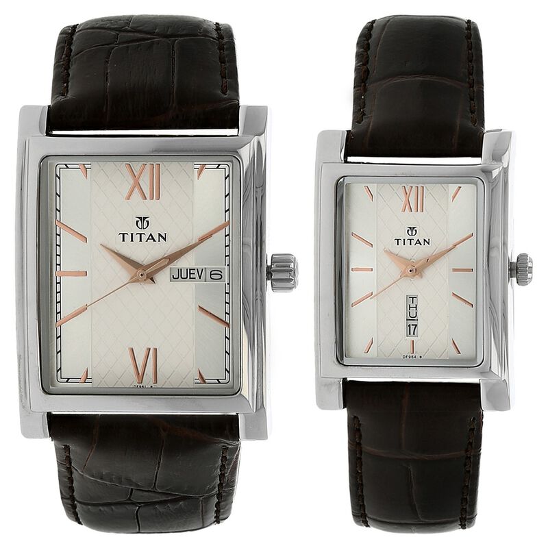 Titan Bandhan Silver Dial Analog with Day and Date Leather Strap Watch for Couple