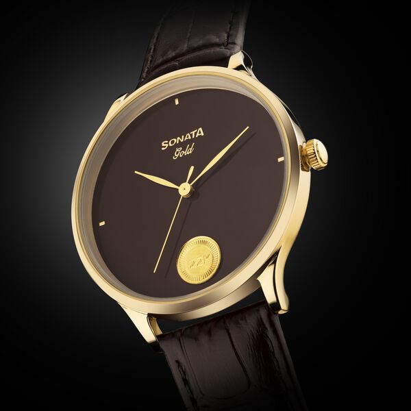 Sonata Gold Quartz Analog Regal Maroon With Gold Coin Dial Brown Leather Strap Watch For Men - image number 1