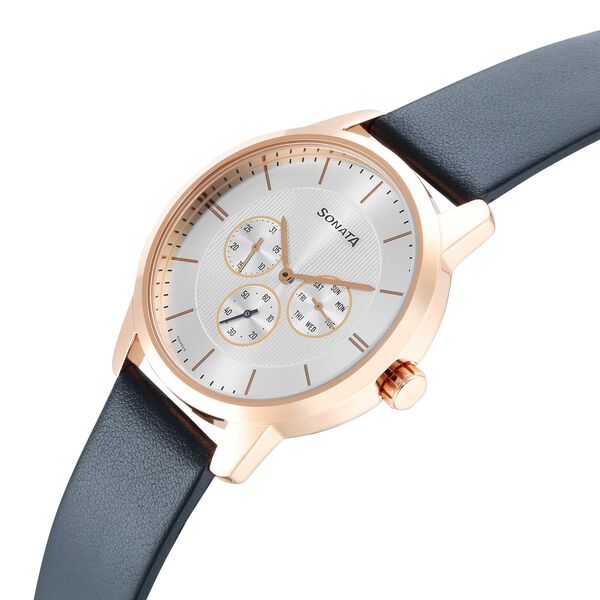 Sonata Quartz Multifunction Silver Dial Leather Strap Watch for Men - image number 2