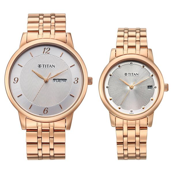 Titan Bandhan Eternal Pair Analog with Date and Silver Dial Rose Gold Stainless Steel Strap Watch for Couples - image number 0