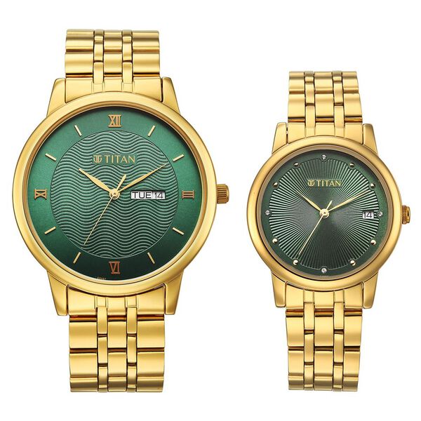 Titan Bandhan Eternal Pair Analog with Date and Green Dial Yellow Gold Stainless Steel Strap Watch for Couples - image number 0