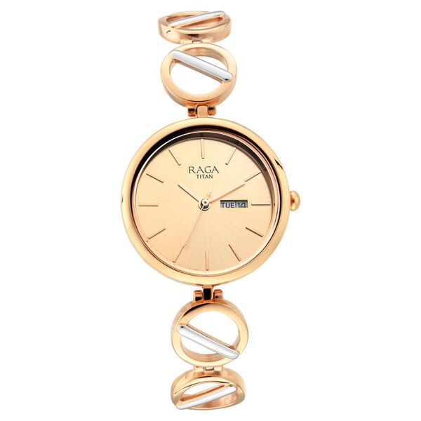 Titan Raga Viva Quartz Analog with Day and Date Rose Gold Dial Two Toned Metal Strap Watch For Women - image number 1