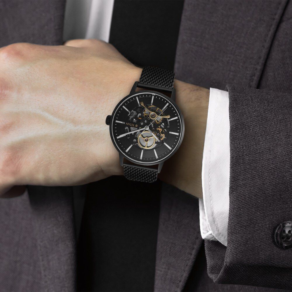 Buy Online Titan Mechanical Slimline Black Dial Black Mesh Strap