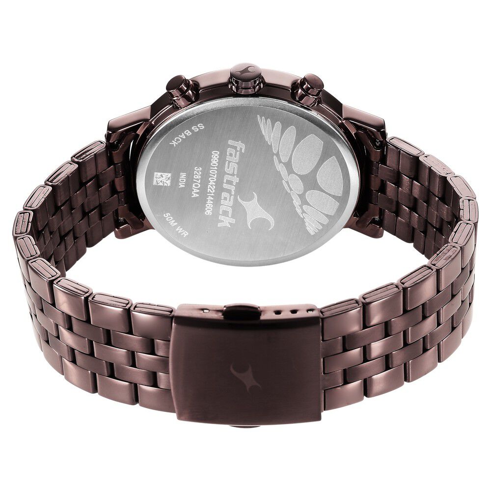 Buy Online Fastrack Tick Tock Quartz Multifunction Brown Dial Metal Strap Watch for Guys ns3287qm01 Titan