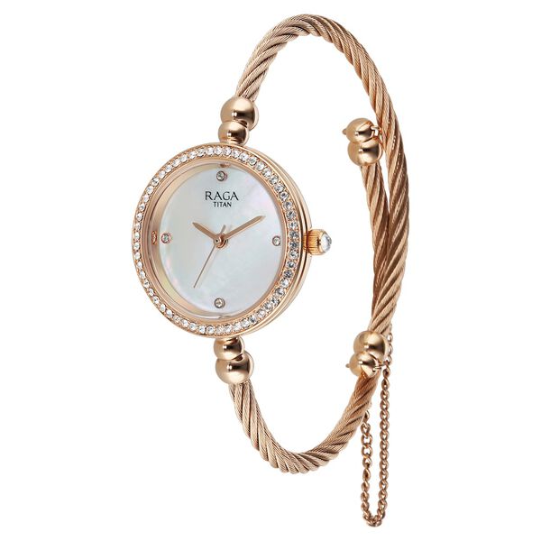 Titan Raga Spotlight Quartz Analog White Dial Rose Gold Metal Strap Watch For Women - image number 2