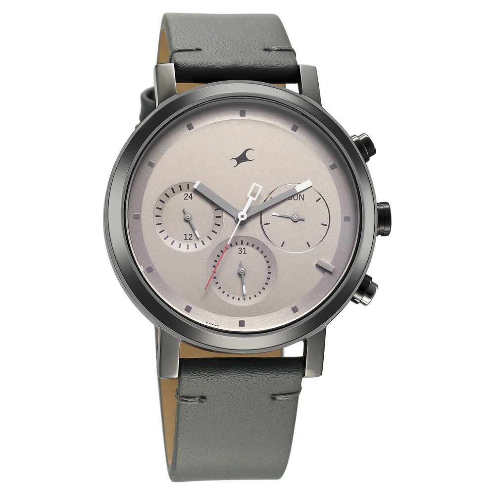 Buy Online Fastrack Tick Tock Quartz Analog Grey Dial With Grey Leather Strap Watch for Guys 3287kl05 Titan