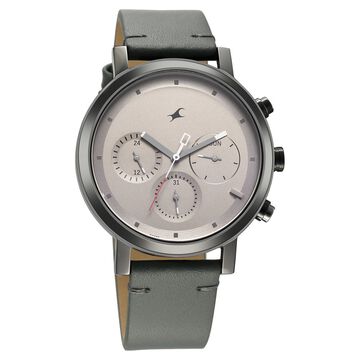 Fastrack Tick Tock Quartz Analog Grey Dial With Grey Leather Strap Watch for Guys