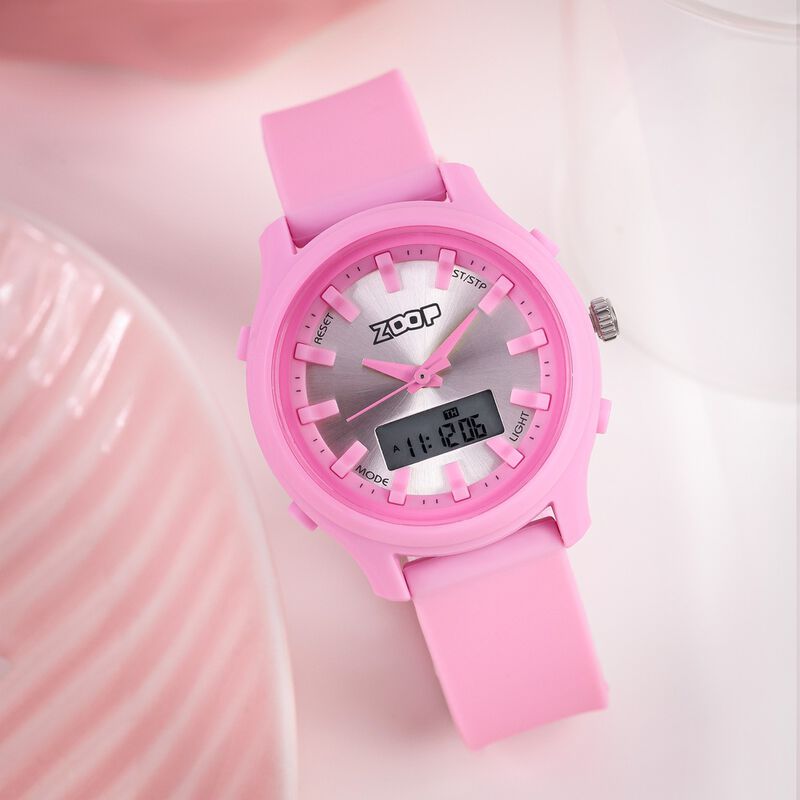 Zoop Ana-Digi Watch with Silver Dial & Pink Strap for Girls Kids, from House of Titan