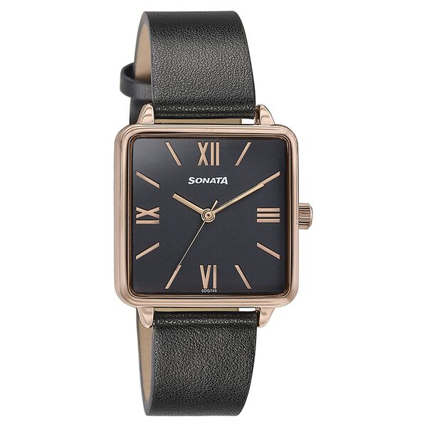 Sonata Quartz Analog Black Dial Black Leather Strap Watch For Women - image number 2