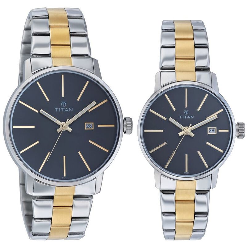 Titan Black Dial Analog with Date Stainless Steel Strap watch for Couple