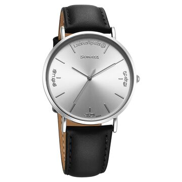 Sonata Regional Edition Tamil Quartz Analog Silver Dial Leather Strap Watch For Men