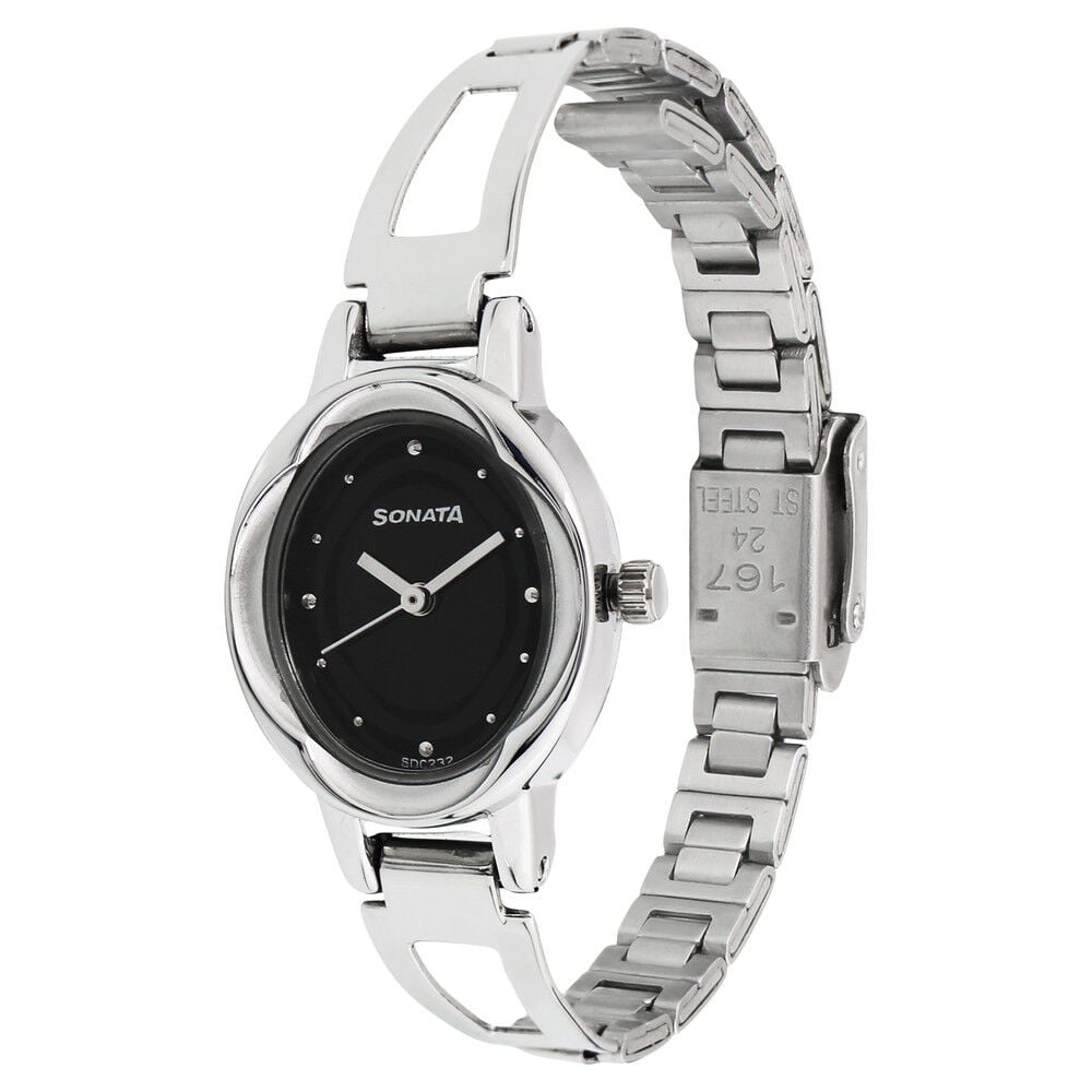 Buy Online Sonata Quartz Analog Black Dial Stainless Steel Strap