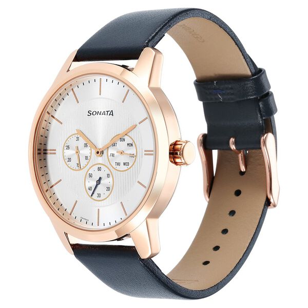 Sonata Quartz Multifunction Silver Dial Leather Strap Watch for Men - image number 1