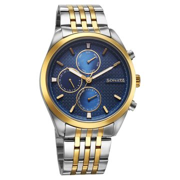 Sonata Magna Quartz Multifunction Blue Dial Two Toned Stainless Steel Strap Watch For Men