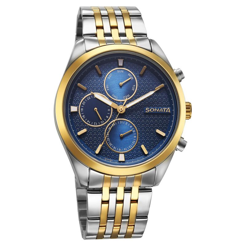 Sonata Magna Quartz Multifunction Blue Dial Two Toned Stainless Steel Strap Watch For Men