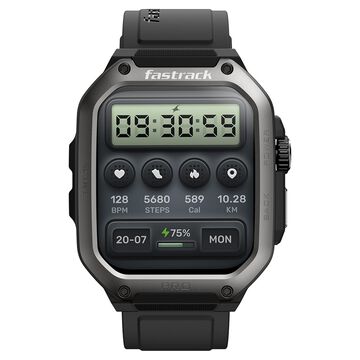 Fastrack Active Pro with 4.69 cm AMOLED Display and AOD, Functional Crown, BT Calling Rugged Smartwatch with Black Strap